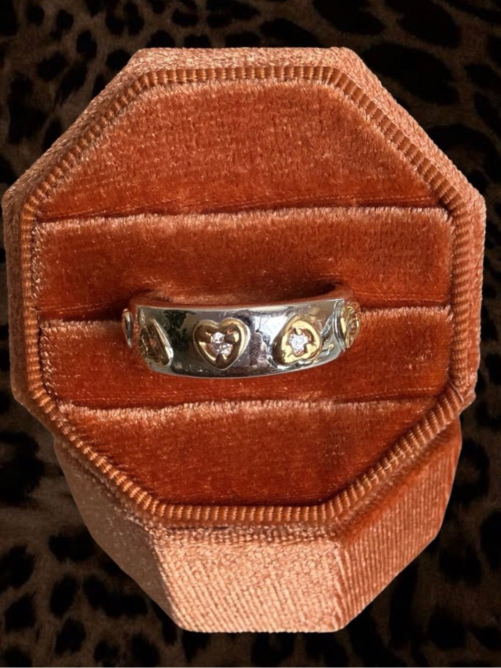 Vintage dead stock Two-Tone Heart Accent Band Ring in Silver and Gold